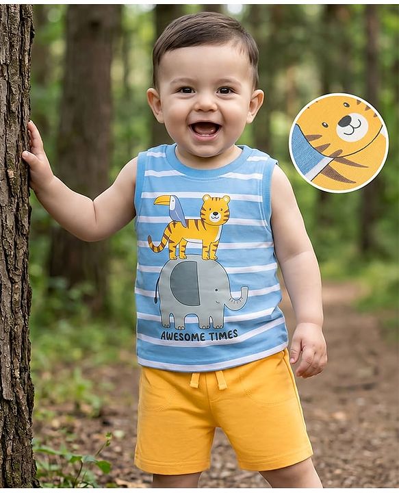 Babyhug Single Jersey Knit Sleeveless Striped Animal Printed Tank T-Shirt & Shorts Set - Light Blue & Yellow