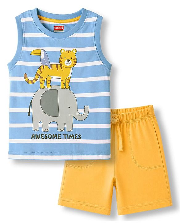 Babyhug Single Jersey Knit Sleeveless Striped Animal Printed Tank T-Shirt & Shorts Set - Light Blue & Yellow