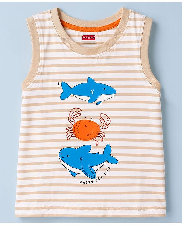 Babyhug Slub Jersey Knit Sleeveless Striped Sea Life Printed Tank T-Shirt & Shorts Set - Multicolor