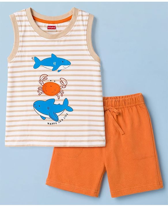 Babyhug Slub Jersey Knit Sleeveless Striped Sea Life Printed Tank T-Shirt & Shorts Set - Multicolor