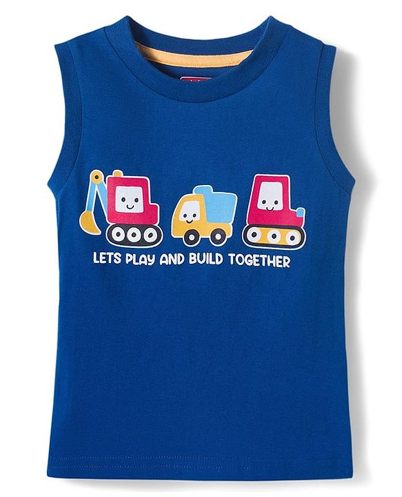 Babyhug Single Jersey Knit Sleeveless T-Shirt & Shorts Set with Vehicles Print - Blue & Red