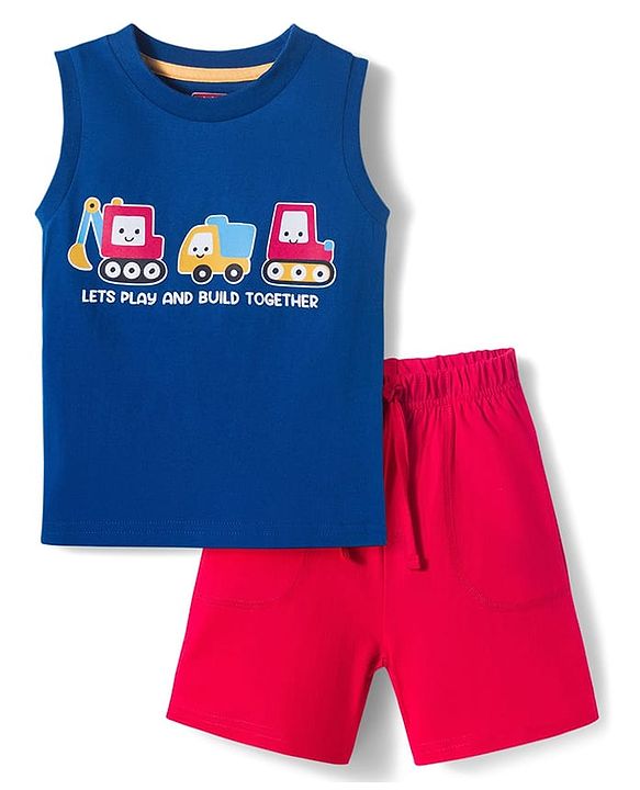 Babyhug Single Jersey Knit Sleeveless T-Shirt & Shorts Set with Vehicles Print - Blue & Red