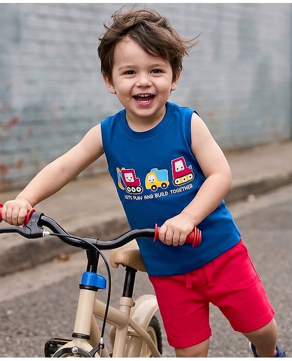 Babyhug Single Jersey Knit Sleeveless T-Shirt & Shorts Set with Vehicles Print - Blue & Red