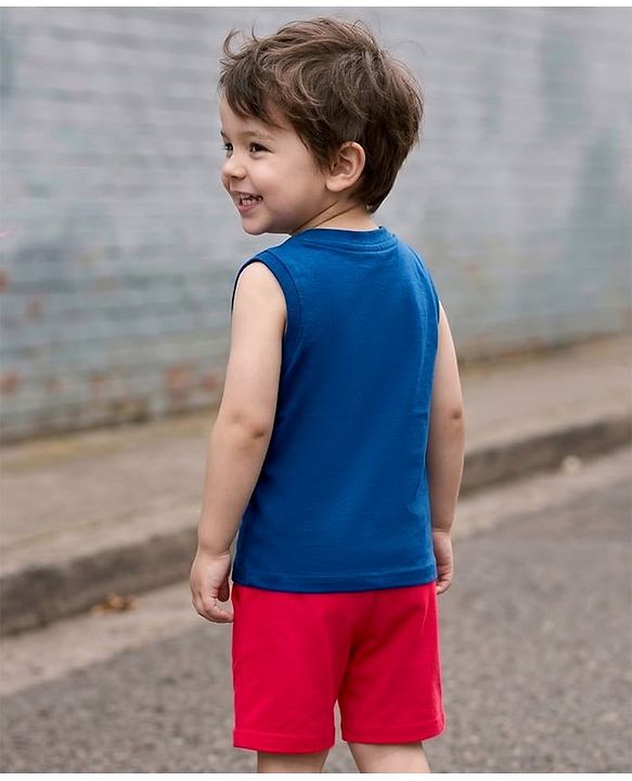 Babyhug Single Jersey Knit Sleeveless T-Shirt & Shorts Set with Vehicles Print - Blue & Red