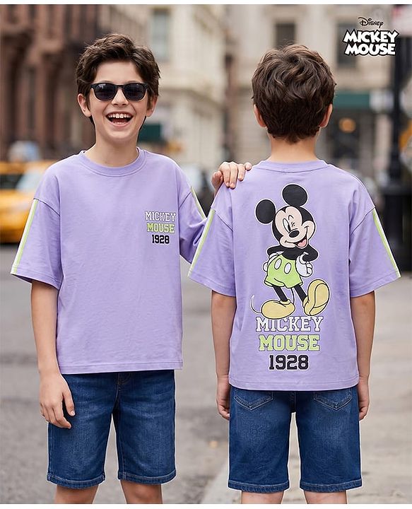 Pine Kids Disney Cotton Knit T-Shirt Half Sleeves with Mickey Mouse Print Purple 4-5 Years