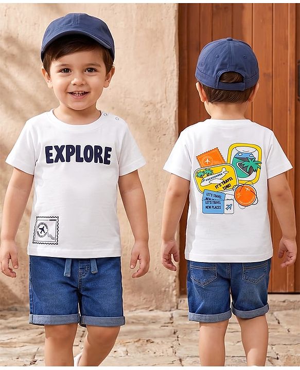 Babyhug Single Jersey Knit Half Sleeves Beach Theme Printed T-Shirt & Denim Shorts Set - White & Blue