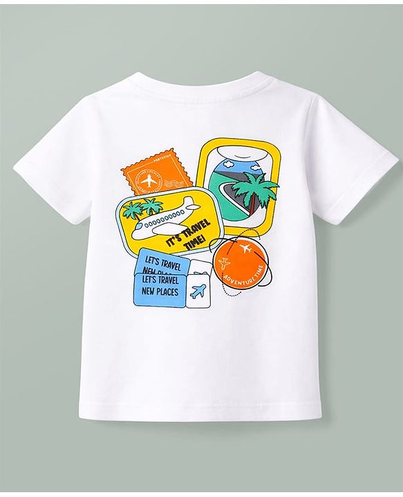 Babyhug Single Jersey Knit Half Sleeves Beach Theme Printed T-Shirt & Denim Shorts Set - White & Blue
