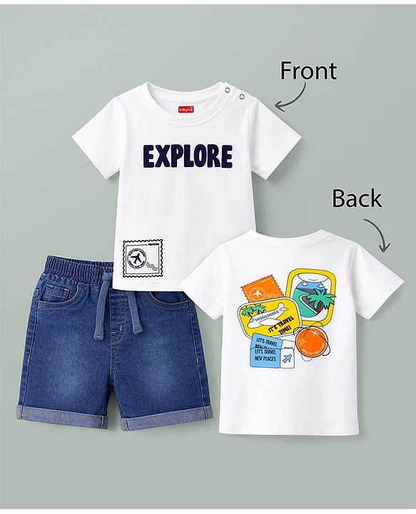 Babyhug Single Jersey Knit Half Sleeves Beach Theme Printed T-Shirt & Denim Shorts Set - White & Blue