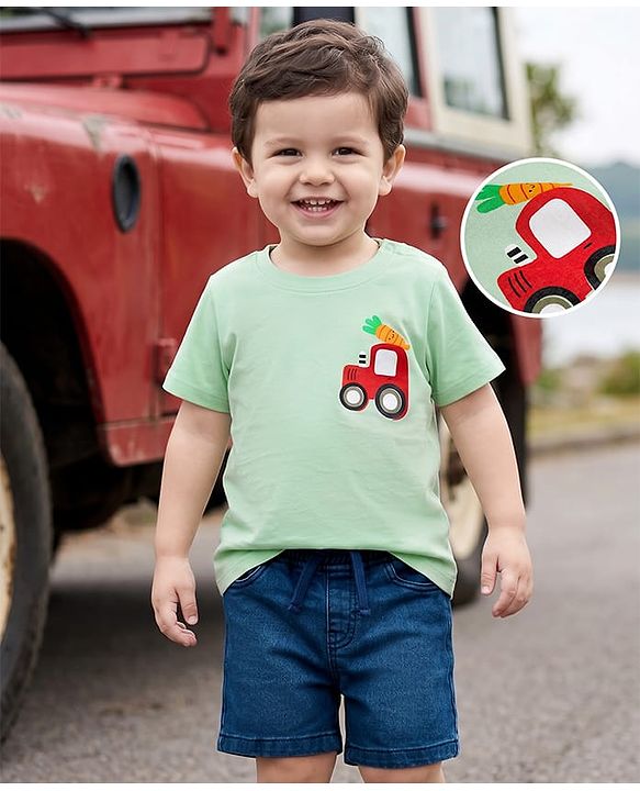 Babyhug Single Jersey Knit Half Sleeves T-Shirt & Denim Shorts Set with Tractor Print - Green & Blue