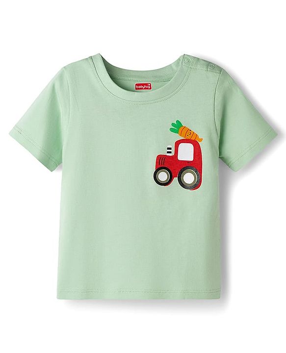 Babyhug Single Jersey Knit Half Sleeves T-Shirt & Denim Shorts Set with Tractor Print - Green & Blue