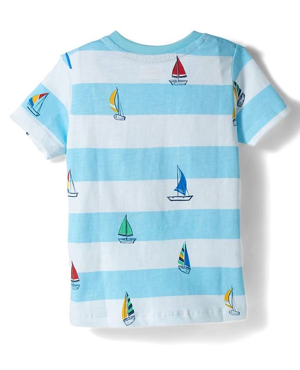 Babyhug 100% Cotton Knit Half Sleeves Striped & Nautical Theme Printed T-Shirt & Shorts Set With Cargo Pockets - Light & Navy Blue