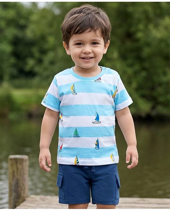Babyhug 100% Cotton Knit Half Sleeves Striped & Nautical Theme Printed T-Shirt & Shorts Set With Cargo Pockets - Light & Navy Blue