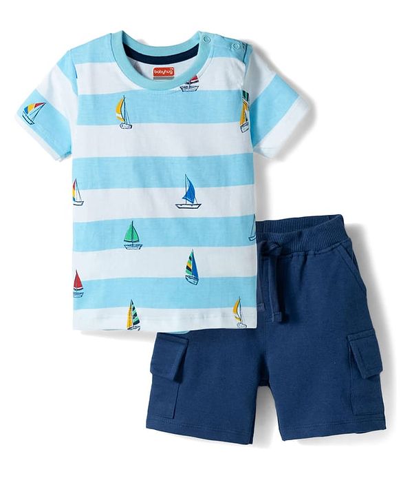 Babyhug 100% Cotton Knit Half Sleeves Striped & Nautical Theme Printed T-Shirt & Shorts Set With Cargo Pockets - Light & Navy Blue