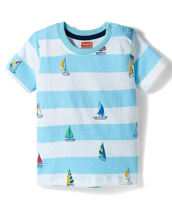 Babyhug 100% Cotton Knit Half Sleeves Striped & Nautical Theme Printed T-Shirt & Shorts Set With Cargo Pockets - Light & Navy Blue