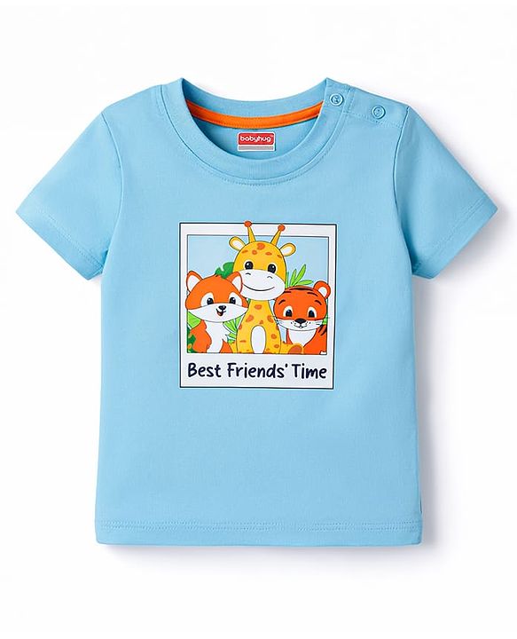 Babyhug Single Jersey Knit Half Sleeves T-Shirt & Shorts Set with Animal Print - Blue & Orange