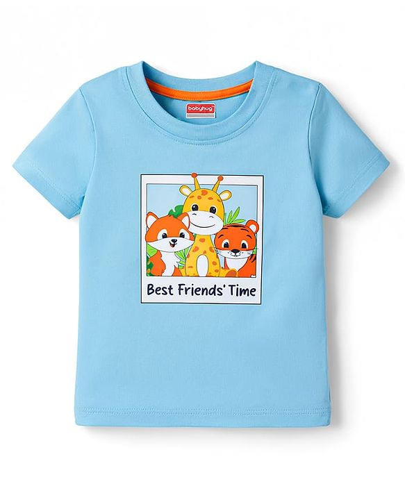 Babyhug Single Jersey Knit Half Sleeves T-Shirt & Shorts Set with Animal Print - Blue & Orange