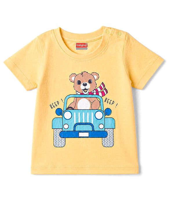 Babyhug Single Jersey Knit Half Sleeves T-Shirt & Shorts Set With Teddy Print - Yellow & Blue