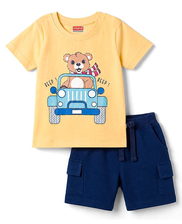 Babyhug Single Jersey Knit Half Sleeves T-Shirt & Shorts Set With Teddy Print - Yellow & Blue