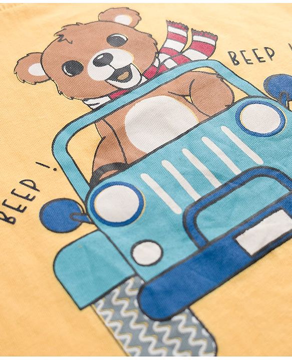 Babyhug Single Jersey Knit Half Sleeves T-Shirt & Shorts Set With Teddy Print - Yellow & Blue