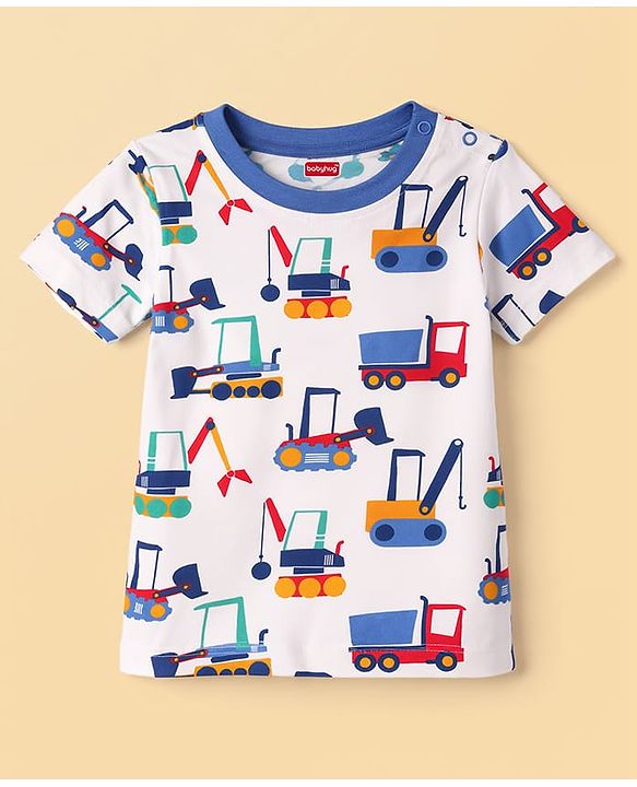 Babyhug Cotton Knit Half Sleeves Co-Ord T-Shirt & Shorts Night-Suit With JCB Print - Offwhite