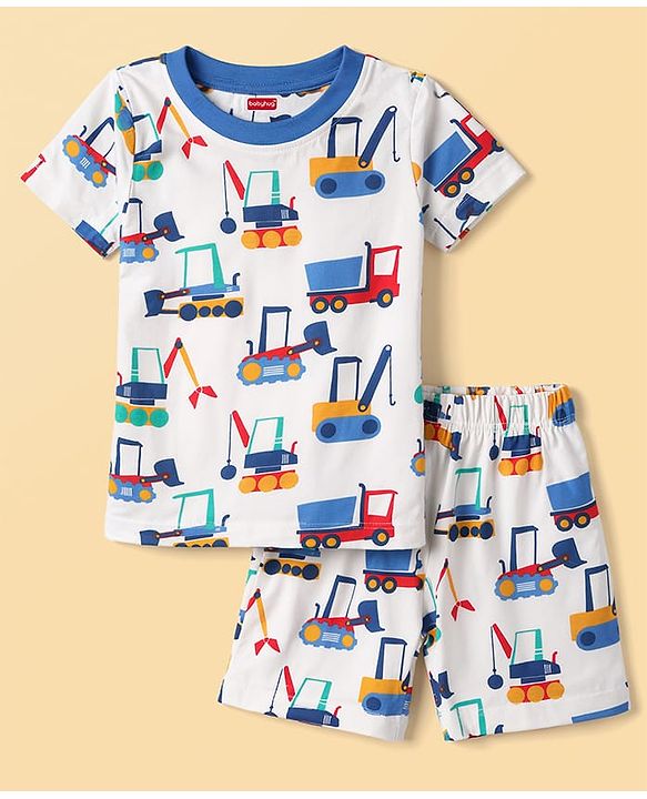 Babyhug Cotton Knit Half Sleeves Co-Ord T-Shirt & Shorts Night-Suit With JCB Print - Offwhite