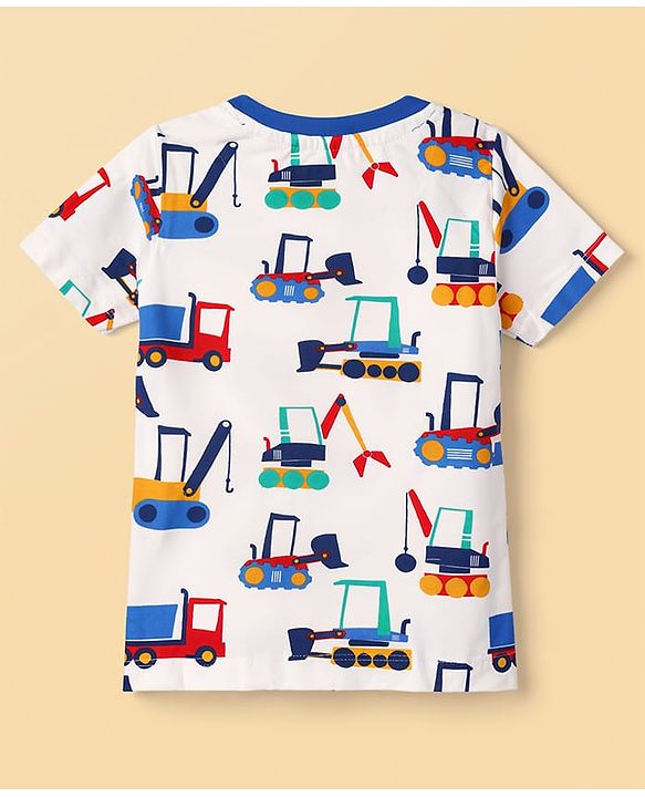 Babyhug Cotton Knit Half Sleeves Co-Ord T-Shirt & Shorts Night-Suit With JCB Print - Offwhite