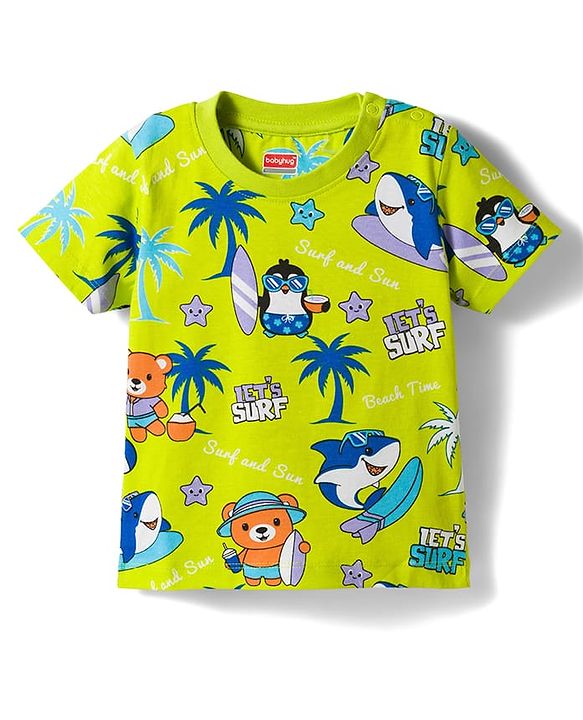 Babyhug Cotton Knit Half Sleeves T-Shirt & Pyjama Co-ord Night Suit With Animal Print - Green