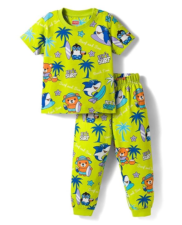 Babyhug Cotton Knit Half Sleeves T-Shirt & Pyjama Co-ord Night Suit With Animal Print - Green