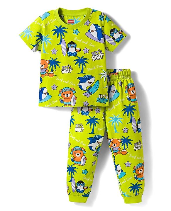 Babyhug Cotton Knit Half Sleeves T-Shirt & Pyjama Co-ord Night Suit With Animal Print - Green
