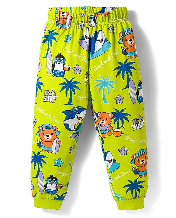 Babyhug Cotton Knit Half Sleeves T-Shirt & Pyjama Co-ord Night Suit With Animal Print - Green