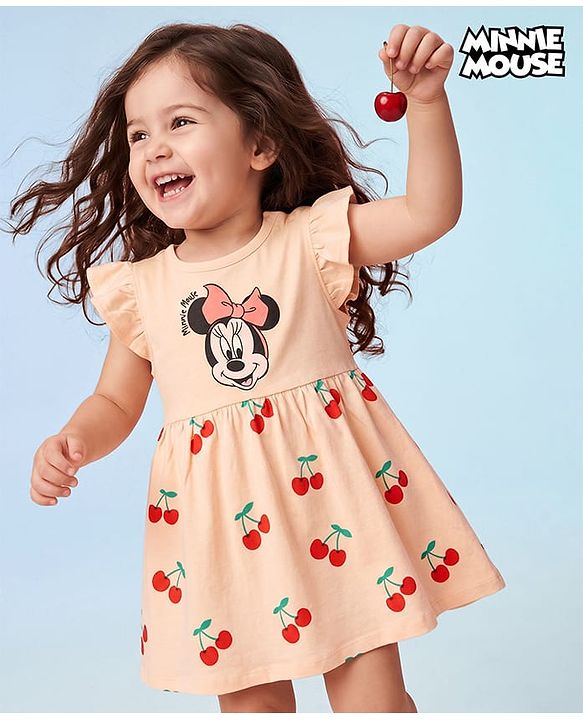Babyhug Disney Single Jersey Cotton Knit Frock with Flutter Sleeves and Minnie Mouse and Cherry Print - Pink