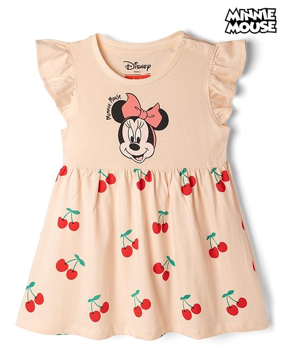 Babyhug Disney Single Jersey Cotton Knit Frock with Flutter Sleeves and Minnie Mouse and Cherry Print - Pink