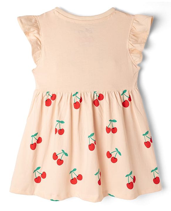Babyhug Disney Single Jersey Cotton Knit Frock with Flutter Sleeves and Minnie Mouse and Cherry Print - Pink