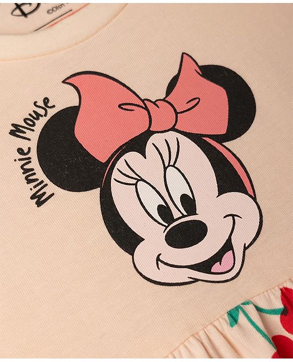 Babyhug Disney Single Jersey Cotton Knit Frock with Flutter Sleeves and Minnie Mouse and Cherry Print - Pink
