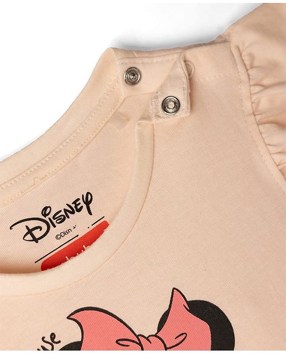 Babyhug Disney Single Jersey Cotton Knit Frock with Flutter Sleeves and Minnie Mouse and Cherry Print - Pink
