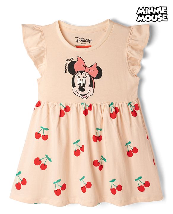 Babyhug Disney Single Jersey Cotton Knit Frock with Flutter Sleeves and Minnie Mouse and Cherry Print - Pink
