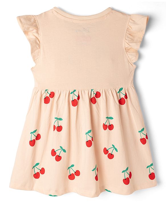 Babyhug Disney Single Jersey Cotton Knit Frock with Flutter Sleeves and Minnie Mouse and Cherry Print - Pink