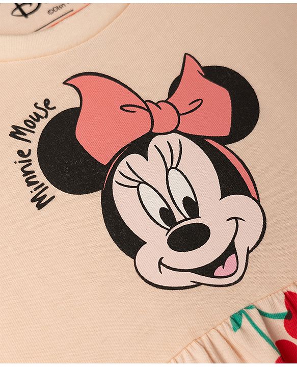 Babyhug Disney Single Jersey Cotton Knit Frock with Flutter Sleeves and Minnie Mouse and Cherry Print - Pink