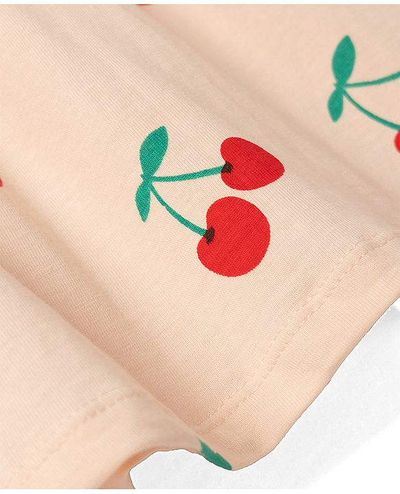 Babyhug Disney Single Jersey Cotton Knit Frock with Flutter Sleeves and Minnie Mouse and Cherry Print - Pink