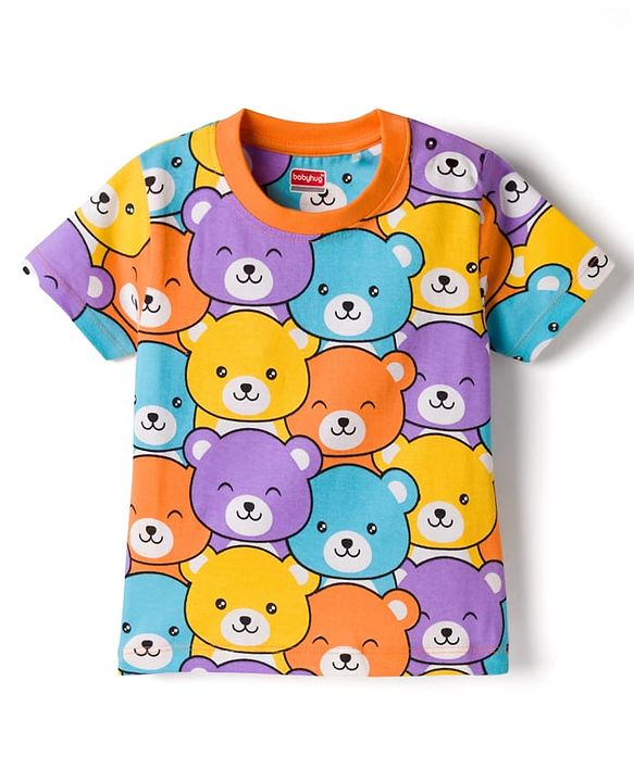 Babyhug Cotton Knit Half Sleeves T-Shirt & Short Night Suit with Bear Print - Mutlicolour