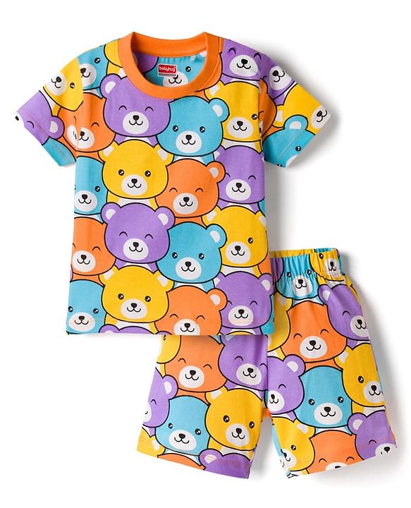 Babyhug Cotton Knit Half Sleeves T-Shirt & Short Night Suit with Bear Print - Mutlicolour