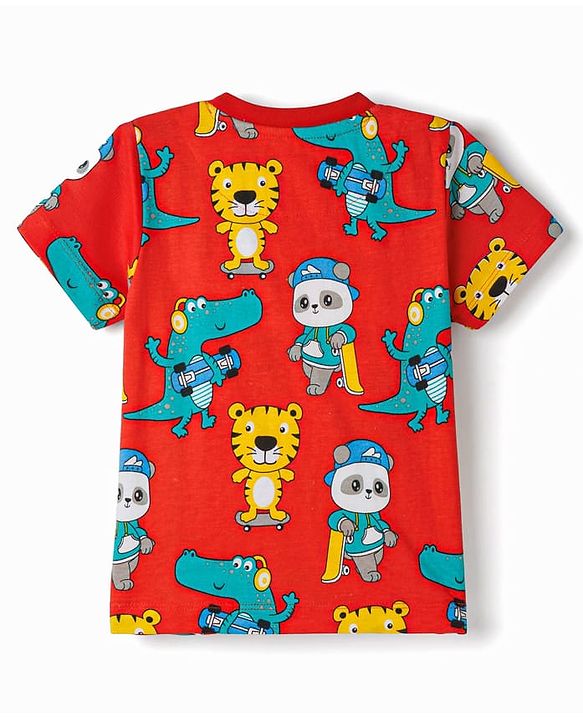 Babyhug Cotton Knit Half Sleeves T-Shirt & Pyjama Co-ord Night Suit With Animal Print - Red