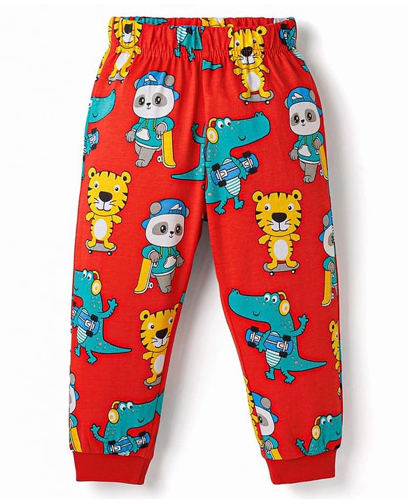 Babyhug Cotton Knit Half Sleeves T-Shirt & Pyjama Co-ord Night Suit With Animal Print - Red