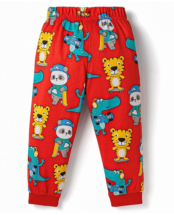 Babyhug Cotton Knit Half Sleeves T-Shirt & Pyjama Co-ord Night Suit With Animal Print - Red