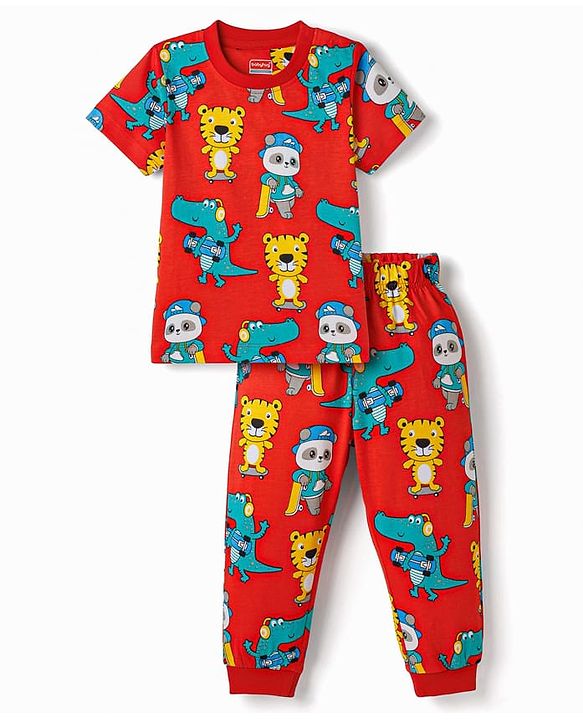 Babyhug Cotton Knit Half Sleeves T-Shirt & Pyjama Co-ord Night Suit With Animal Print - Red