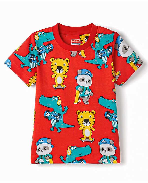 Babyhug Cotton Knit Half Sleeves T-Shirt & Pyjama Co-ord Night Suit With Animal Print - Red