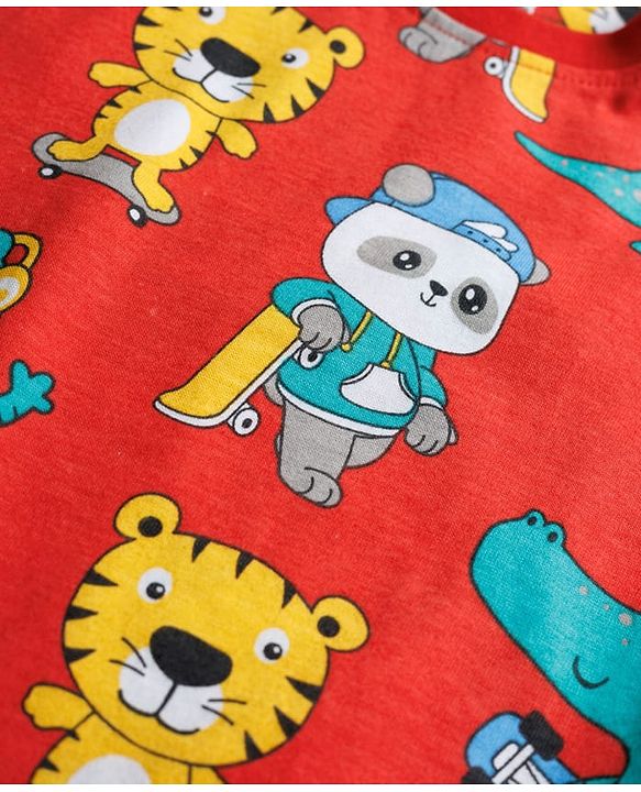 Babyhug Cotton Knit Half Sleeves T-Shirt & Pyjama Co-ord Night Suit With Animal Print - Red