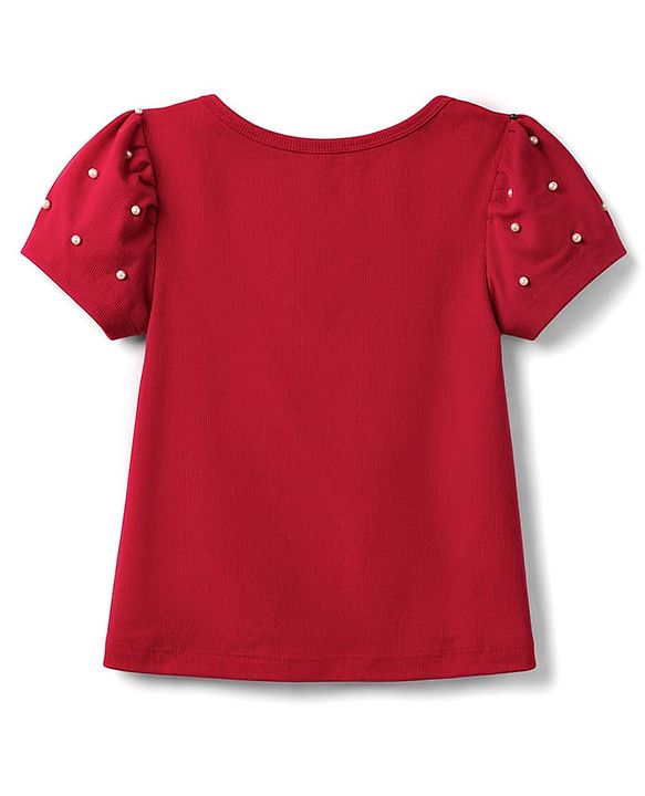 Pine Kids Cotton Knit Tops with Puffed Sleeves and Embellishments Red 4-5 Years