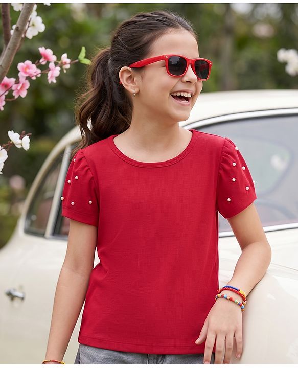 Pine Kids Cotton Knit Tops with Puffed Sleeves and Embellishments Red 4-5 Years