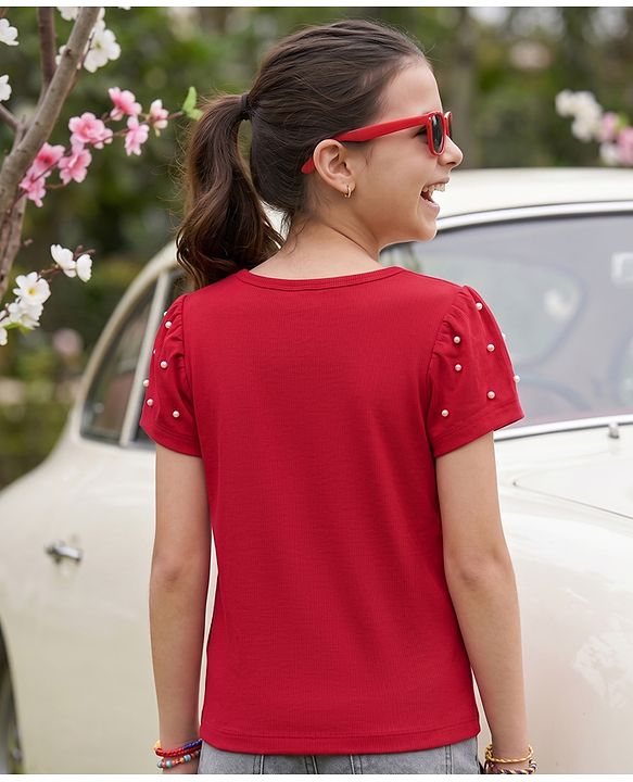 Pine Kids Cotton Knit Tops with Puffed Sleeves and Embellishments Red 4-5 Years